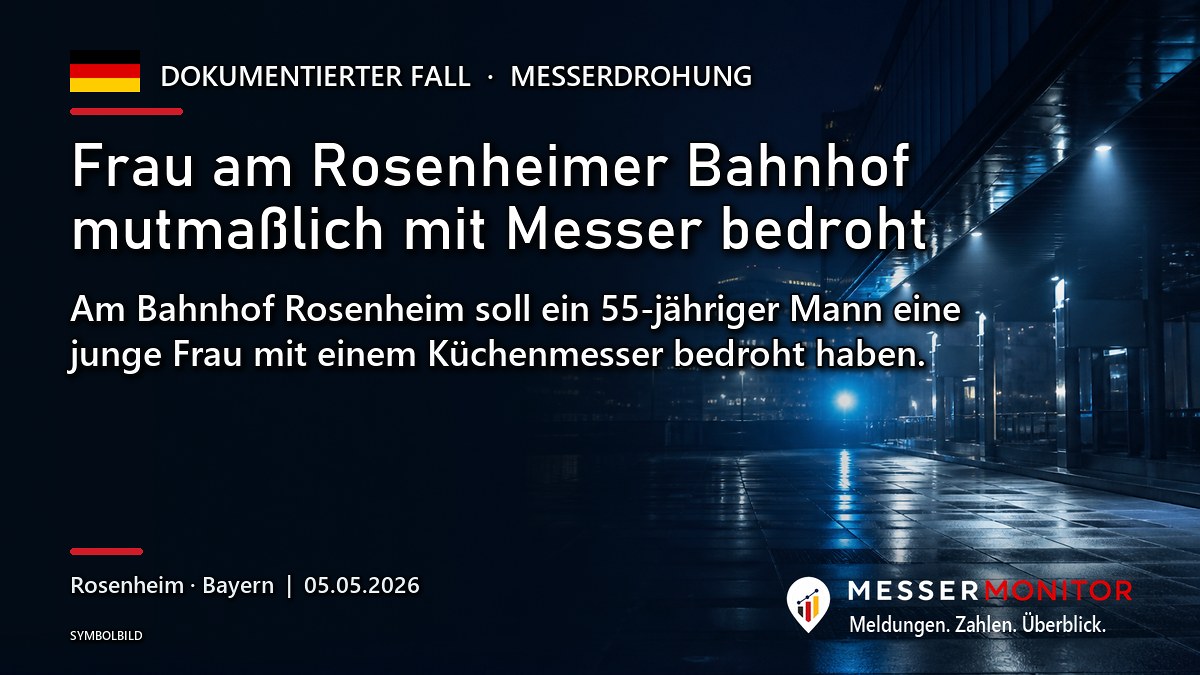 Titelgrafik: Frau am Rosenheimer Bahnhof mutmaßlich mit Messer bedroht. Am Bahnhof Rosenheim soll ein 55-jähriger Mann eine junge Frau mit einem Küchenmesser bedroht haben..