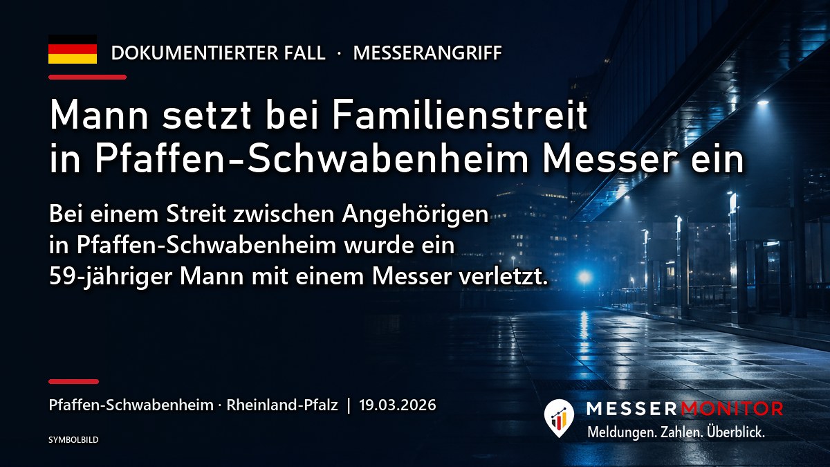 Titelgrafik: Mann setzt bei Familienstreit in Pfaffen-Schwabenheim Messer ein. Bei einem Streit zwischen Angehörigen in Pfaffen-Schwabenheim wurde ein 59-jähriger Mann mit einem Messer verletzt..