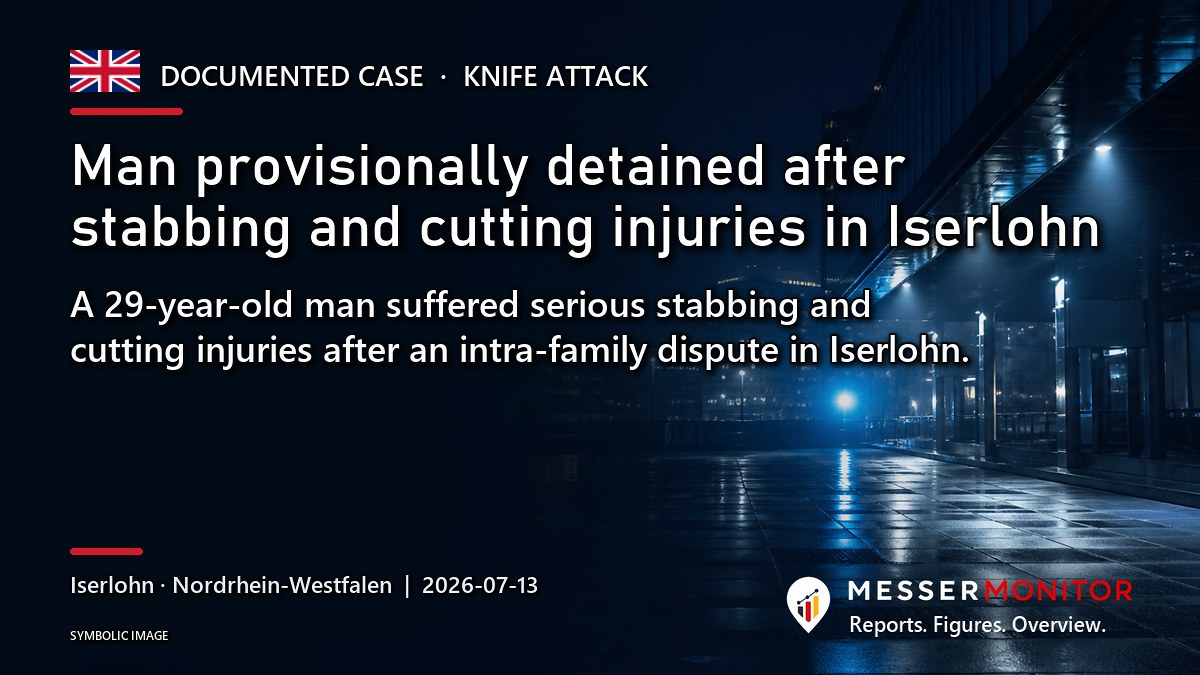Title image: Man provisionally detained after stabbing and cutting injuries in Iserlohn. A 29-year-old man suffered serious stabbing and cutting injuries after an intra-family dispute in Iserlohn..