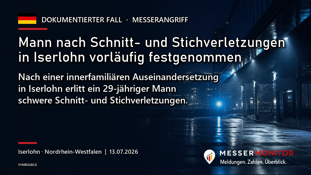 Titelgrafik: Mann nach Schnitt- und Stichverletzungen in Iserlohn vorläufig festgenommen. Nach einer innerfamiliären Auseinandersetzung in Iserlohn erlitt ein 29-jähriger Mann schwere Schnitt- und Stichverletzungen..