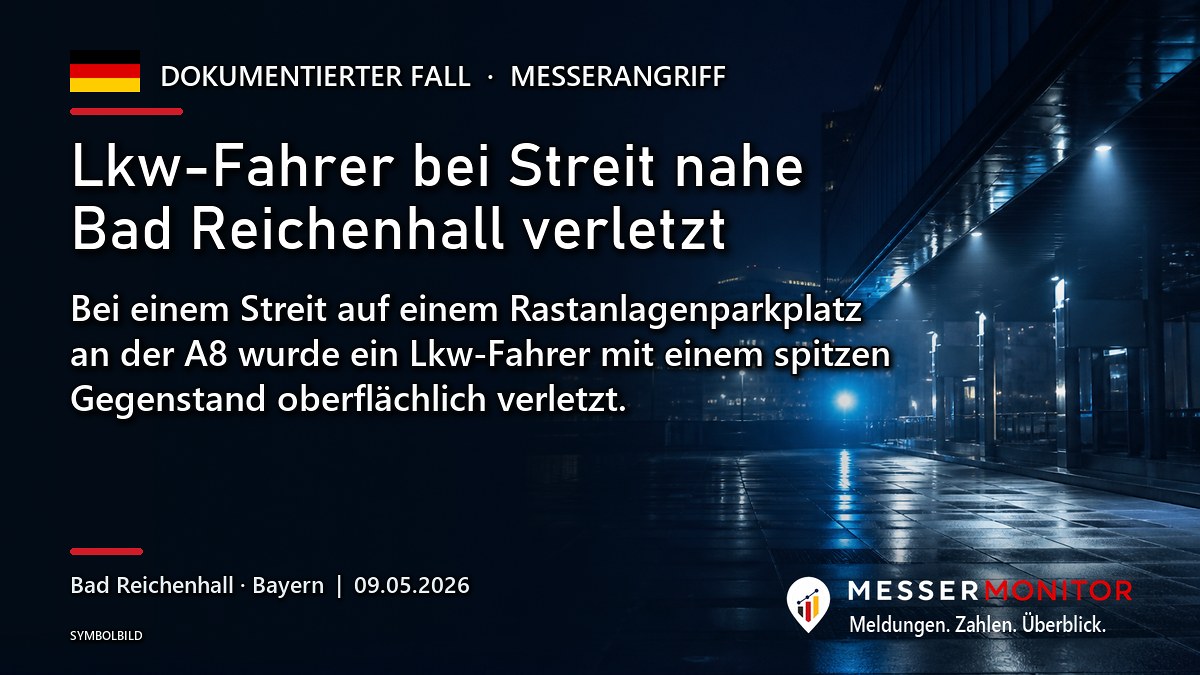 Titelgrafik: Lkw-Fahrer bei Streit nahe Bad Reichenhall verletzt. Bei einem Streit auf einem Rastanlagenparkplatz an der A8 wurde ein Lkw-Fahrer mit einem spitzen Gegenstand oberflächlich verletzt..