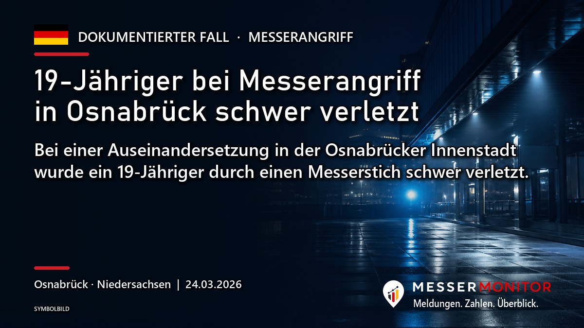 Titelgrafik: 19-Jähriger bei Messerangriff in Osnabrück schwer verletzt. Bei einer Auseinandersetzung in der Osnabrücker Innenstadt wurde ein 19-Jähriger durch einen Messerstich schwer verletzt..