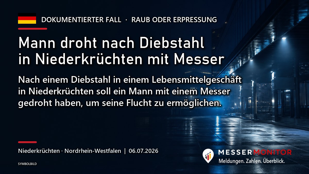 Titelgrafik: Mann droht nach Diebstahl in Niederkrüchten mit Messer. Nach einem Diebstahl in einem Lebensmittelgeschäft in Niederkrüchten soll ein Mann mit einem Messer gedroht haben, um seine Flucht zu ermöglichen..