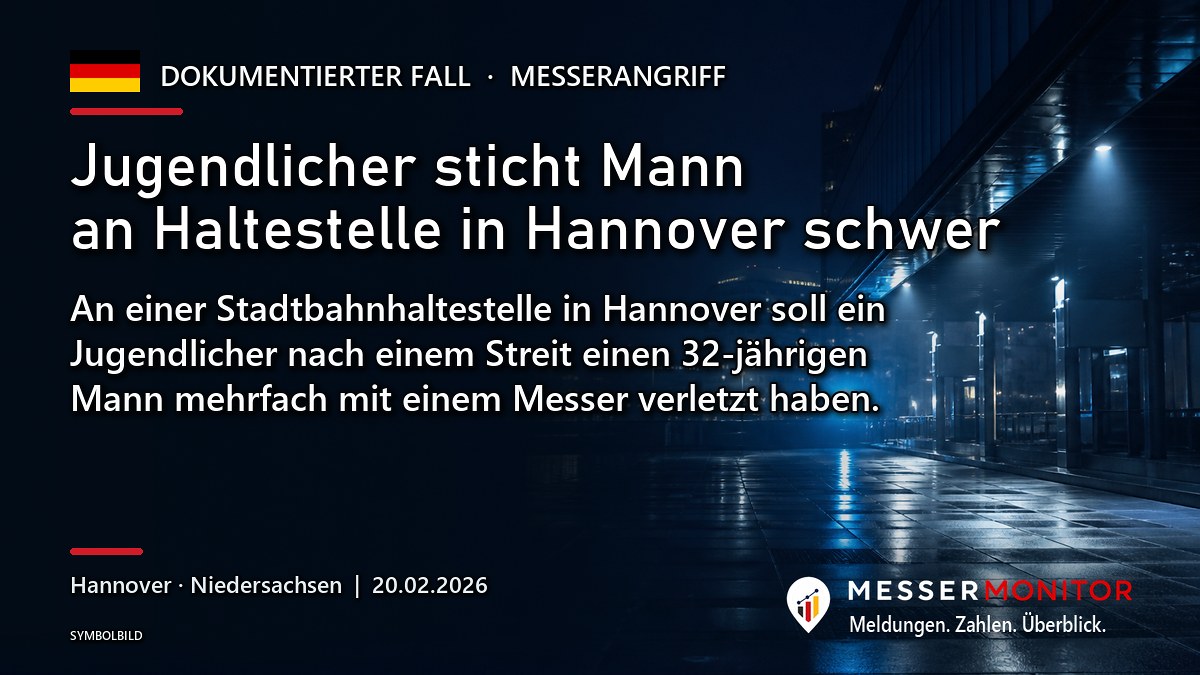 Titelgrafik: Jugendlicher sticht Mann an Haltestelle in Hannover schwer. An einer Stadtbahnhaltestelle in Hannover soll ein Jugendlicher nach einem Streit einen 32-jährigen Mann mehrfach mit einem Messer verletzt haben..
