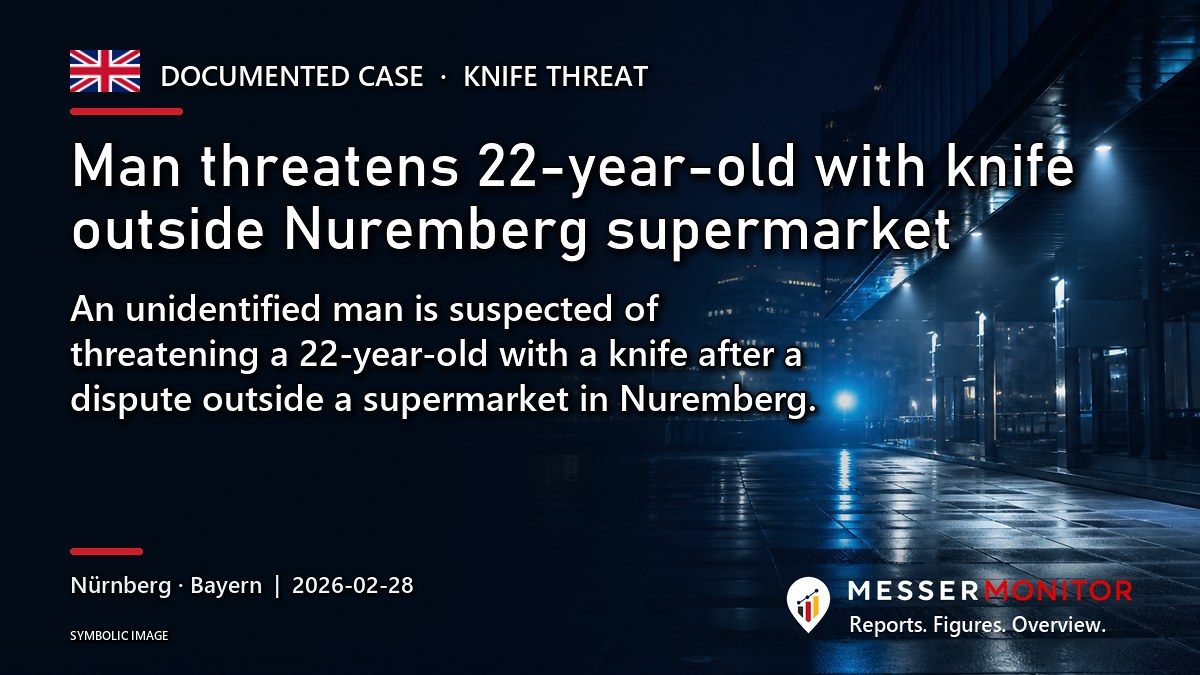 Title image: Man threatens 22-year-old with knife outside Nuremberg supermarket. An unidentified man is suspected of threatening a 22-year-old with a knife after a dispute outside a supermarket in Nuremberg..