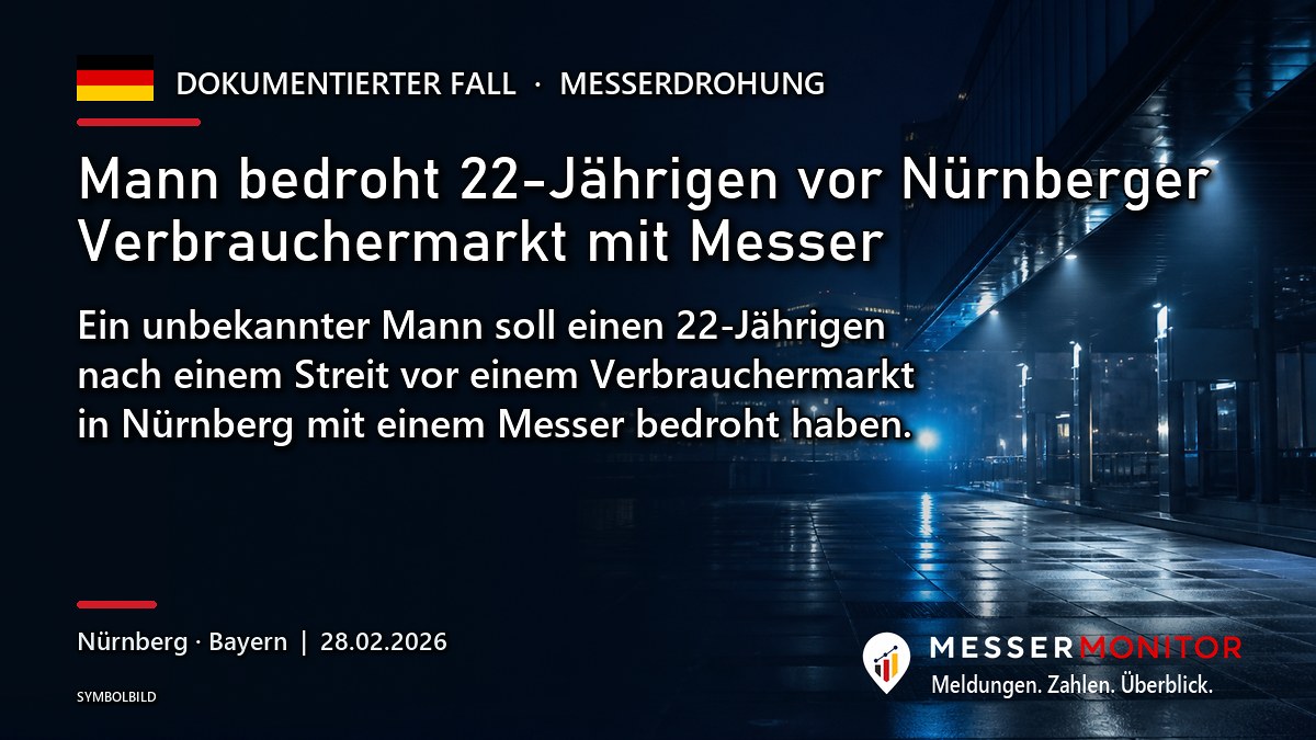 Titelgrafik: Mann bedroht 22-Jährigen vor Nürnberger Verbrauchermarkt mit Messer. Ein unbekannter Mann soll einen 22-Jährigen nach einem Streit vor einem Verbrauchermarkt in Nürnberg mit einem Messer bedroht haben..