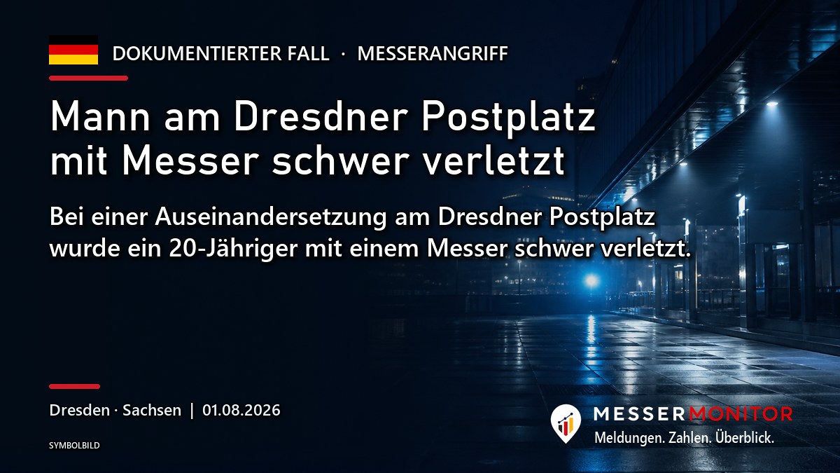 Titelgrafik: Mann am Dresdner Postplatz mit Messer schwer verletzt. Bei einer Auseinandersetzung am Dresdner Postplatz wurde ein 20-Jähriger mit einem Messer schwer verletzt..
