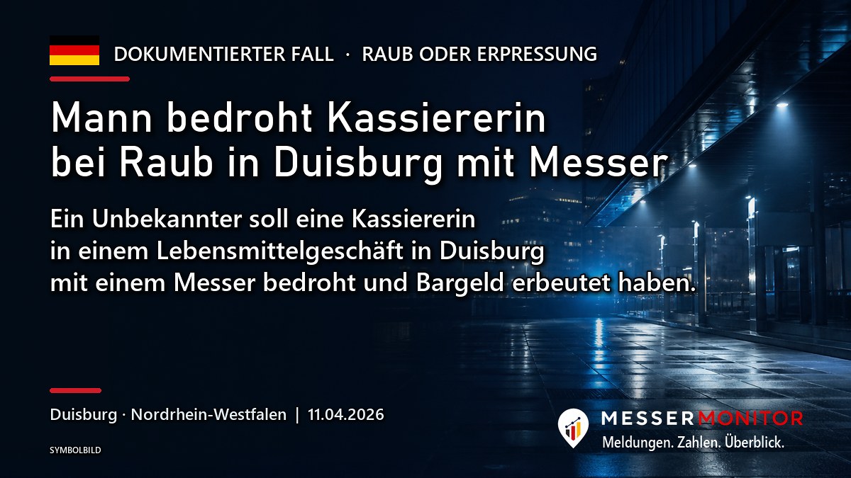 Titelgrafik: Mann bedroht Kassiererin bei Raub in Duisburg mit Messer. Ein Unbekannter soll eine Kassiererin in einem Lebensmittelgeschäft in Duisburg mit einem Messer bedroht und Bargeld erbeutet haben..