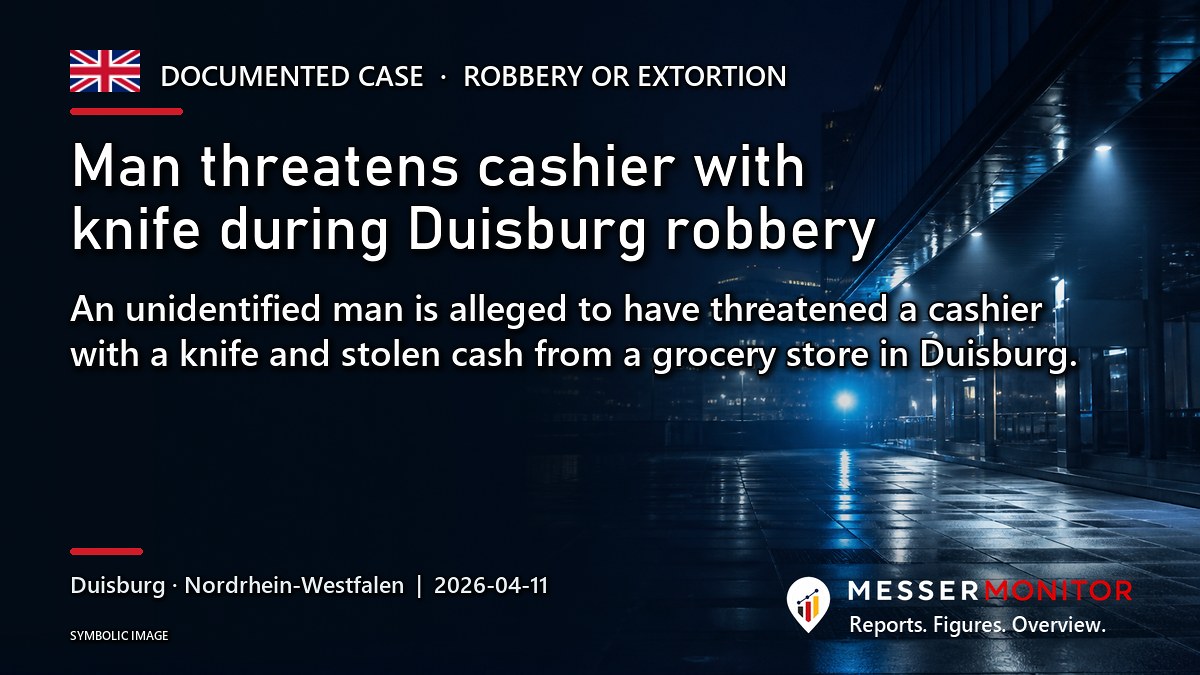 Title image: Man threatens cashier with knife during Duisburg robbery. An unidentified man is alleged to have threatened a cashier with a knife and stolen cash from a grocery store in Duisburg..