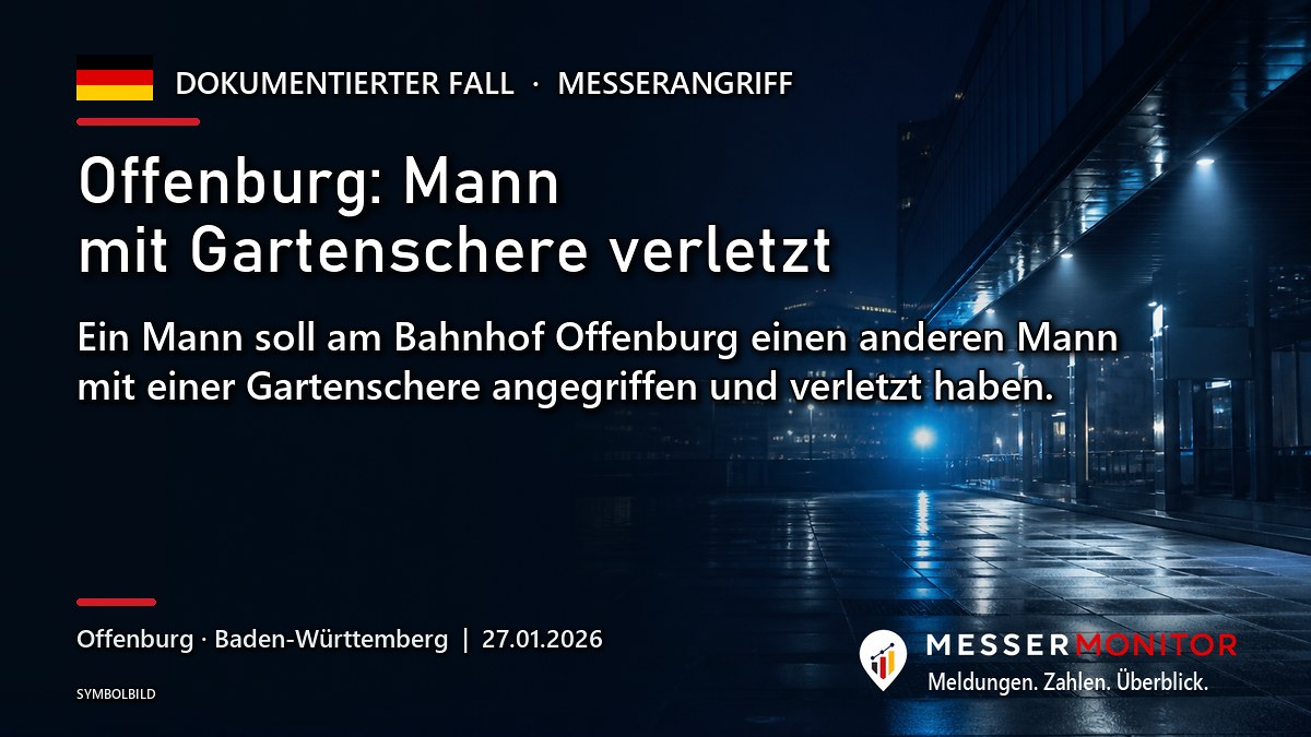 Titelgrafik: Offenburg: Mann mit Gartenschere verletzt. Ein Mann soll am Bahnhof Offenburg einen anderen Mann mit einer Gartenschere angegriffen und verletzt haben..