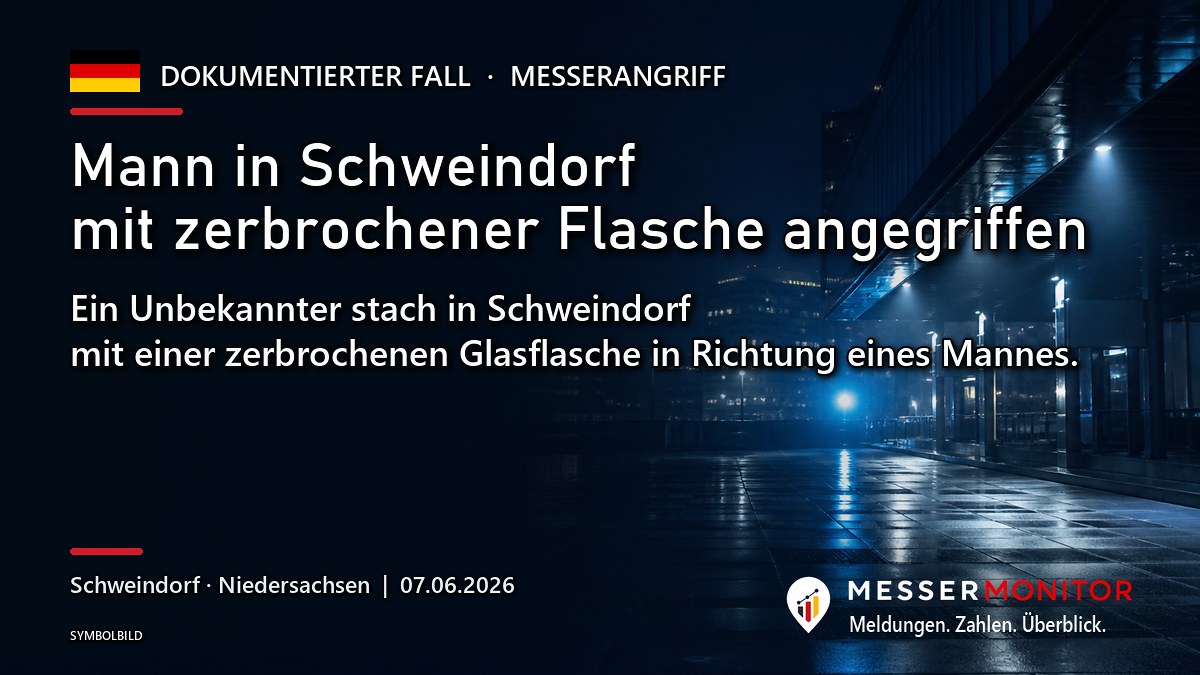 Titelgrafik: Mann in Schweindorf mit zerbrochener Flasche angegriffen. Ein Unbekannter stach in Schweindorf mit einer zerbrochenen Glasflasche in Richtung eines Mannes..