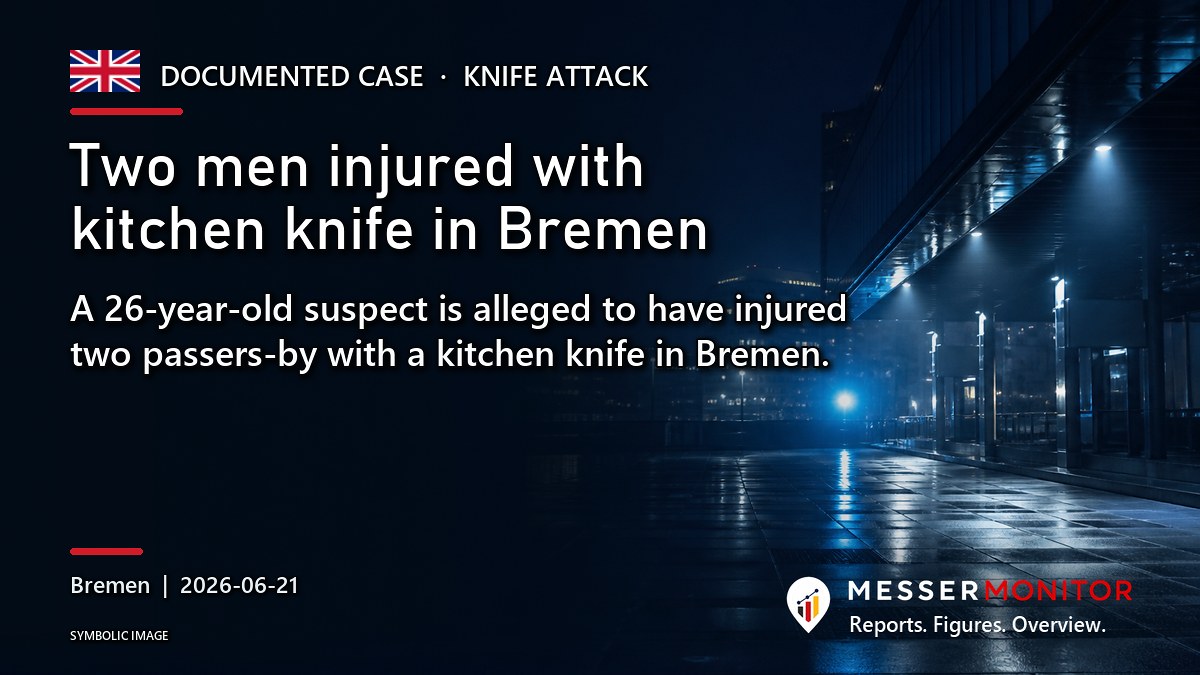 Title image: Two men injured with kitchen knife in Bremen. A 26-year-old suspect is alleged to have injured two passers-by with a kitchen knife in Bremen..