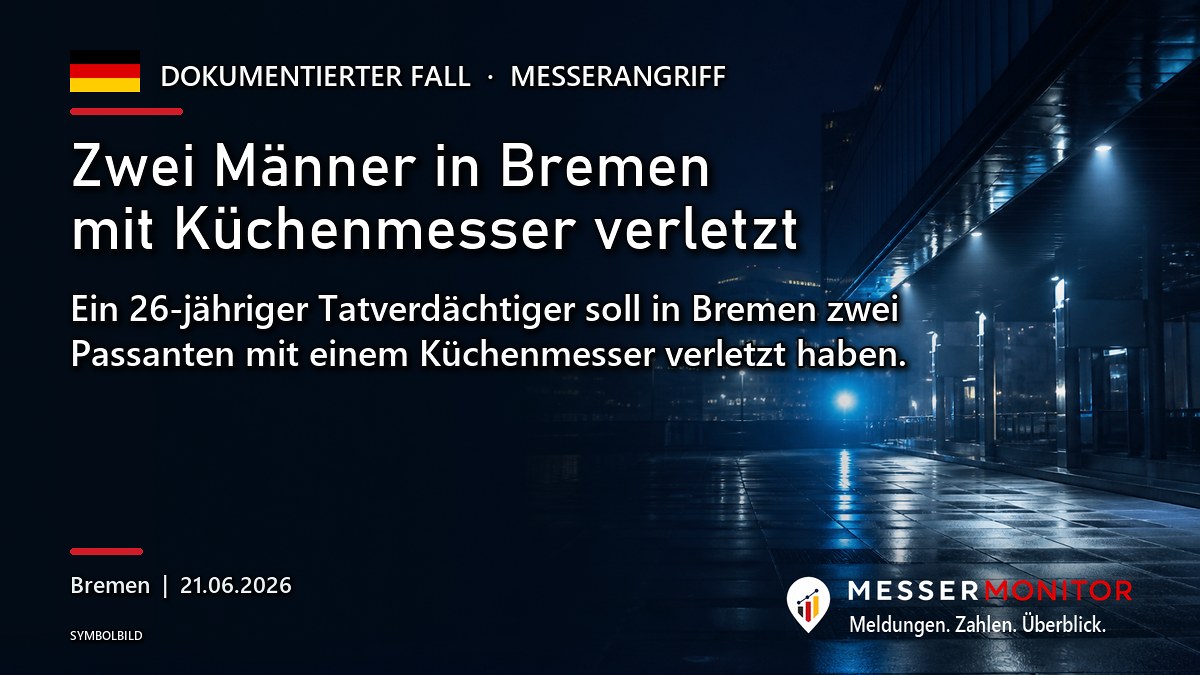 Titelgrafik: Zwei Männer in Bremen mit Küchenmesser verletzt. Ein 26-jähriger Tatverdächtiger soll in Bremen zwei Passanten mit einem Küchenmesser verletzt haben..