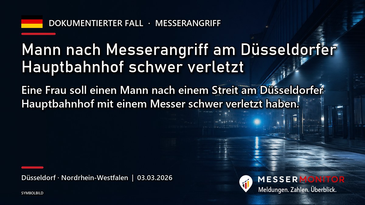 Titelgrafik: Mann nach Messerangriff am Düsseldorfer Hauptbahnhof schwer verletzt. Eine Frau soll einen Mann nach einem Streit am Düsseldorfer Hauptbahnhof mit einem Messer schwer verletzt haben..