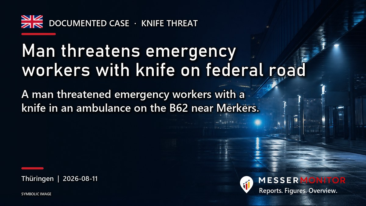 Title image: Man threatens emergency workers with knife on federal road. A man threatened emergency workers with a knife in an ambulance on the B62 near Merkers..