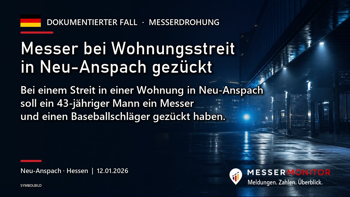 Titelgrafik: Messer bei Wohnungsstreit in Neu-Anspach gezückt. Bei einem Streit in einer Wohnung in Neu-Anspach soll ein 43-jähriger Mann ein Messer und einen Baseballschläger gezückt haben..