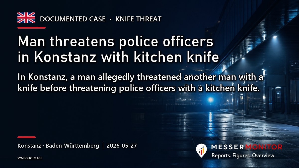 Title image: Man threatens police officers in Konstanz with kitchen knife. In Konstanz, a man allegedly threatened another man with a knife before threatening police officers with a kitchen knife..