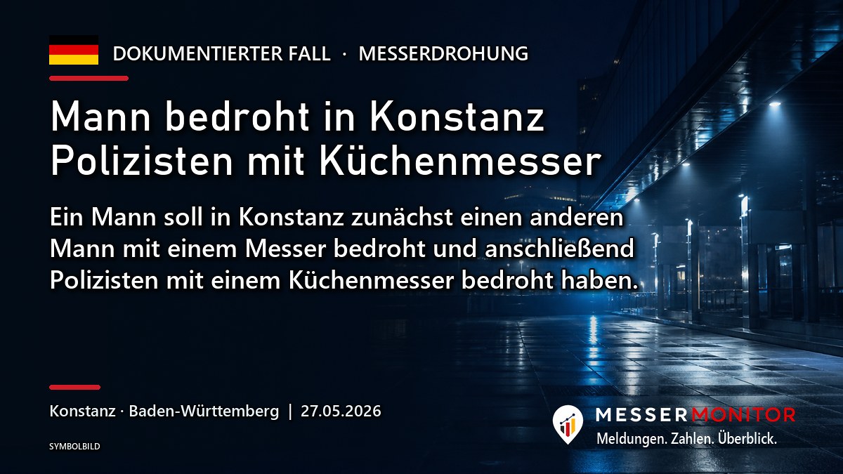 Titelgrafik: Mann bedroht in Konstanz Polizisten mit Küchenmesser. Ein Mann soll in Konstanz zunächst einen anderen Mann mit einem Messer bedroht und anschließend Polizisten mit einem Küchenmesser bedroht haben..