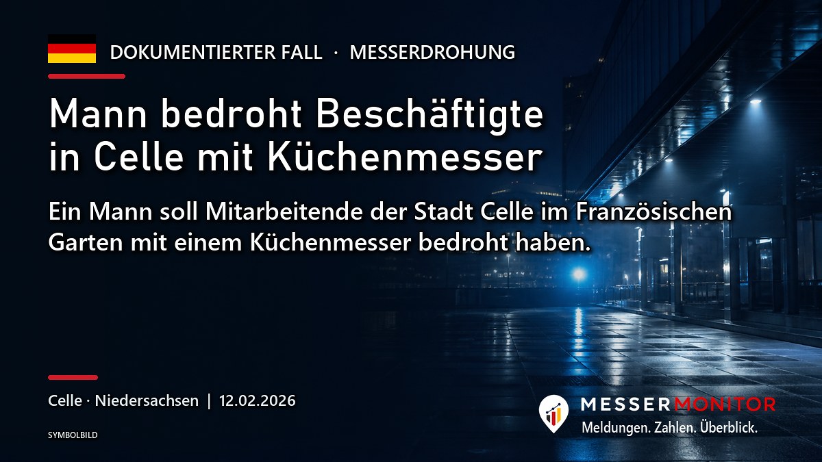 Titelgrafik: Mann bedroht Beschäftigte in Celle mit Küchenmesser. Ein Mann soll Mitarbeitende der Stadt Celle im Französischen Garten mit einem Küchenmesser bedroht haben..