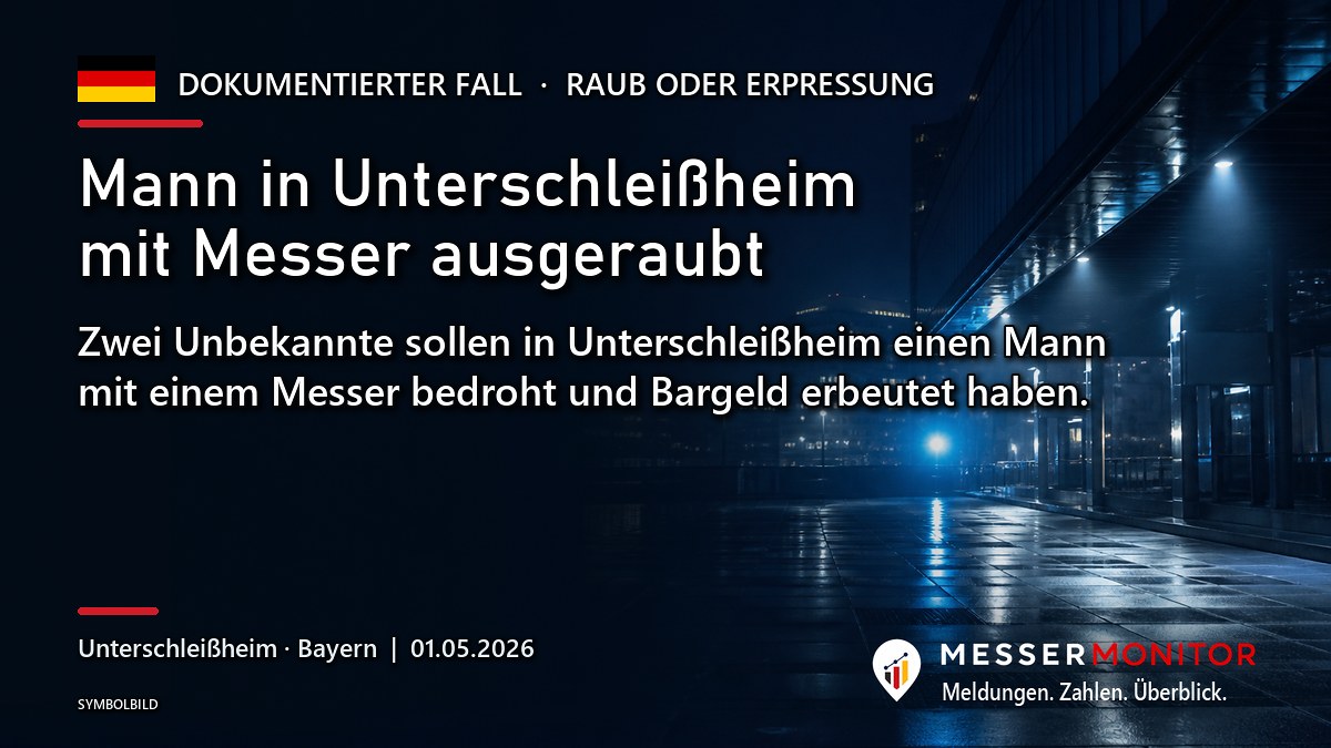 Titelgrafik: Mann in Unterschleißheim mit Messer ausgeraubt. Zwei Unbekannte sollen in Unterschleißheim einen Mann mit einem Messer bedroht und Bargeld erbeutet haben..
