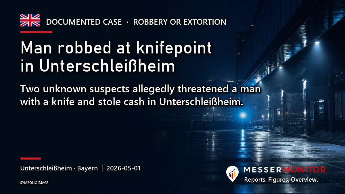 Title image: Man robbed at knifepoint in Unterschleißheim. Two unknown suspects allegedly threatened a man with a knife and stole cash in Unterschleißheim..