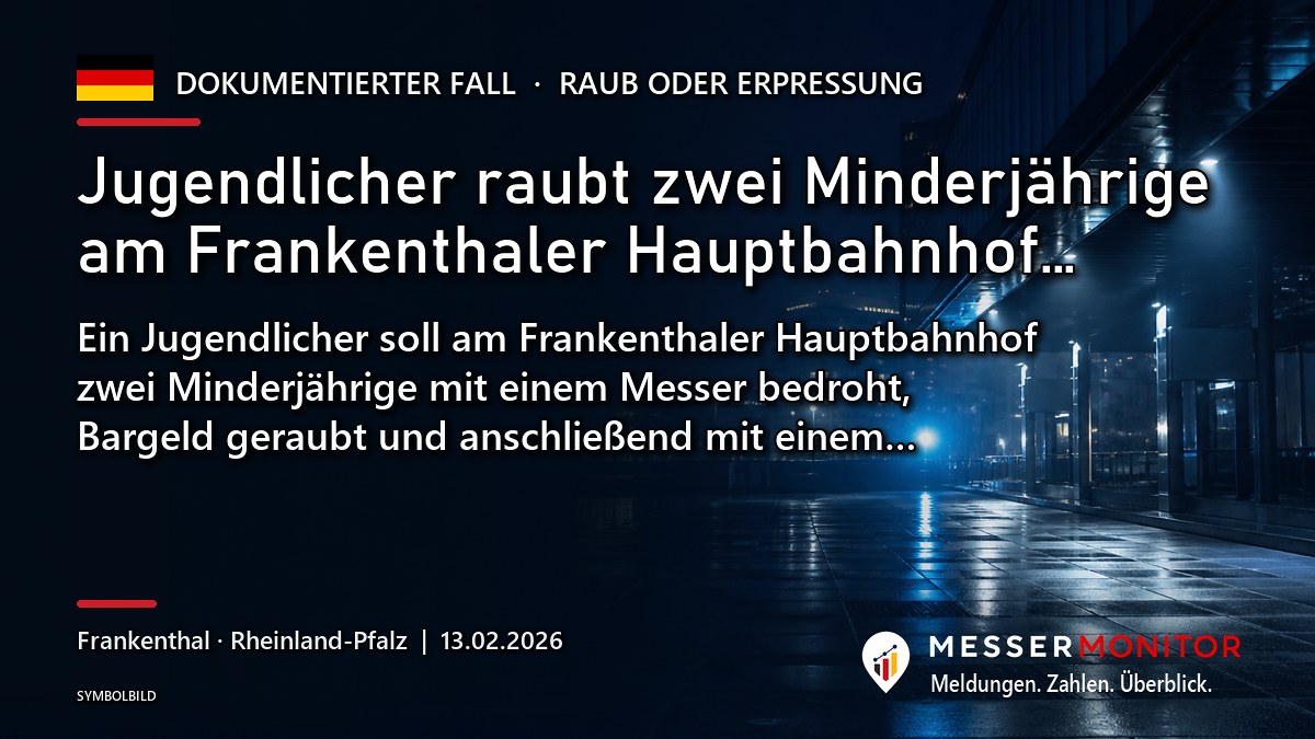 Titelgrafik: Jugendlicher raubt zwei Minderjährige am Frankenthaler Hauptbahnhof…. Ein Jugendlicher soll am Frankenthaler Hauptbahnhof zwei Minderjährige mit einem Messer bedroht, Bargeld geraubt und anschließend mit einem….