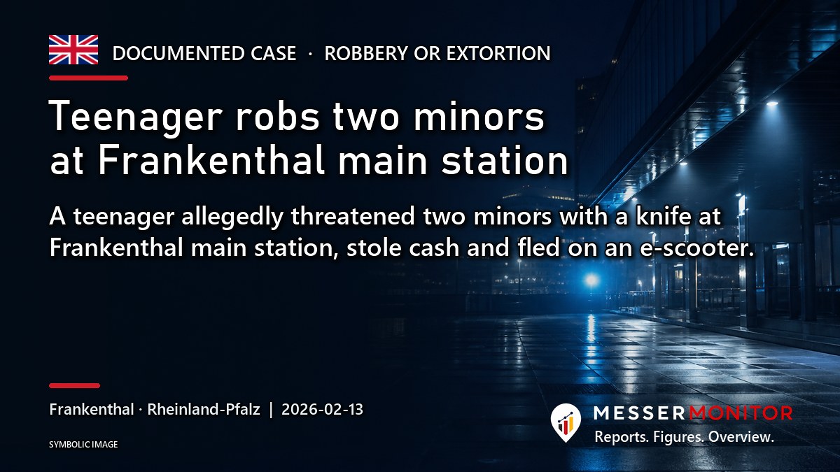 Title image: Teenager robs two minors at Frankenthal main station. A teenager allegedly threatened two minors with a knife at Frankenthal main station, stole cash and fled on an e-scooter..