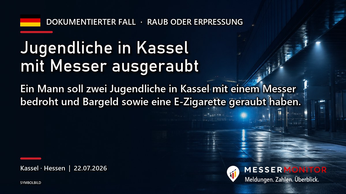 Titelgrafik: Jugendliche in Kassel mit Messer ausgeraubt. Ein Mann soll zwei Jugendliche in Kassel mit einem Messer bedroht und Bargeld sowie eine E-Zigarette geraubt haben..