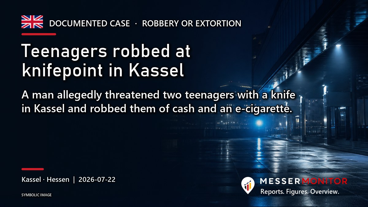 Title image: Teenagers robbed at knifepoint in Kassel. A man allegedly threatened two teenagers with a knife in Kassel and robbed them of cash and an e-cigarette..