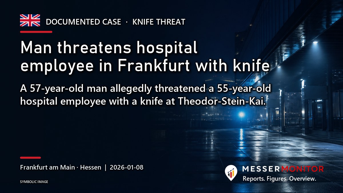 Title image: Man threatens hospital employee in Frankfurt with knife. A 57-year-old man allegedly threatened a 55-year-old hospital employee with a knife at Theodor-Stein-Kai..