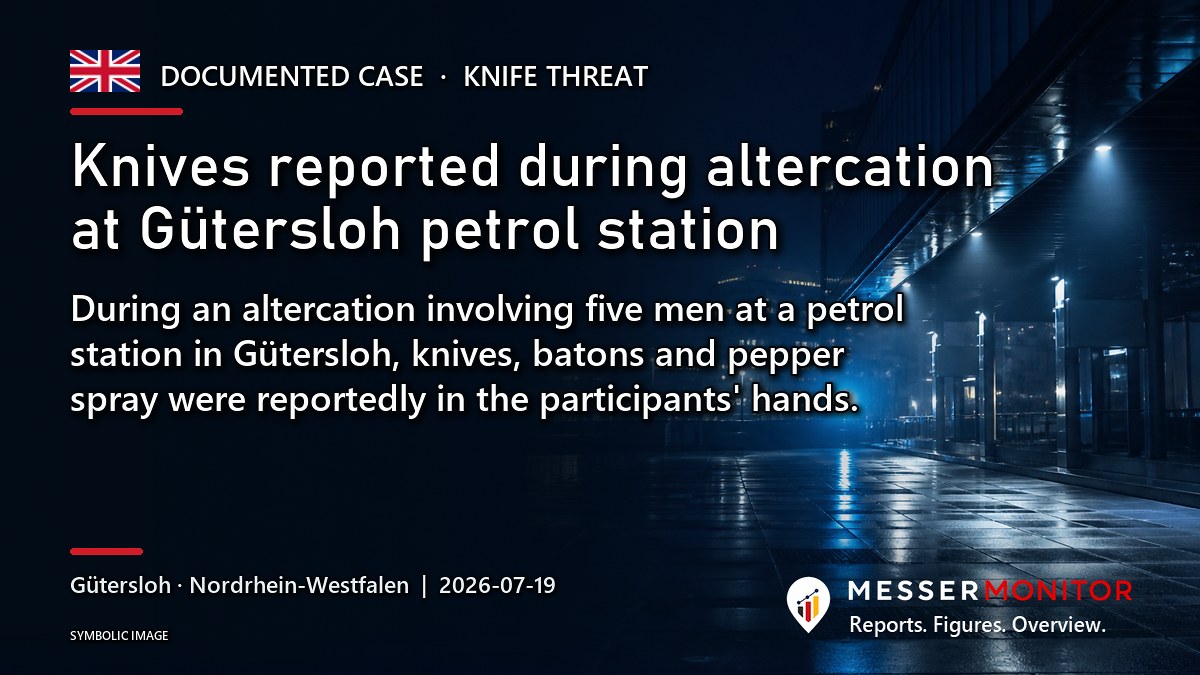 Title image: Knives reported during altercation at Gütersloh petrol station. During an altercation involving five men at a petrol station in Gütersloh, knives, batons and pepper spray were reportedly in the participants' hands..