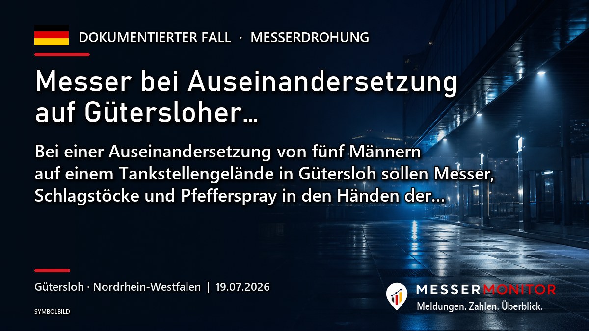 Titelgrafik: Messer bei Auseinandersetzung auf Gütersloher…. Bei einer Auseinandersetzung von fünf Männern auf einem Tankstellengelände in Gütersloh sollen Messer, Schlagstöcke und Pfefferspray in den Händen der….