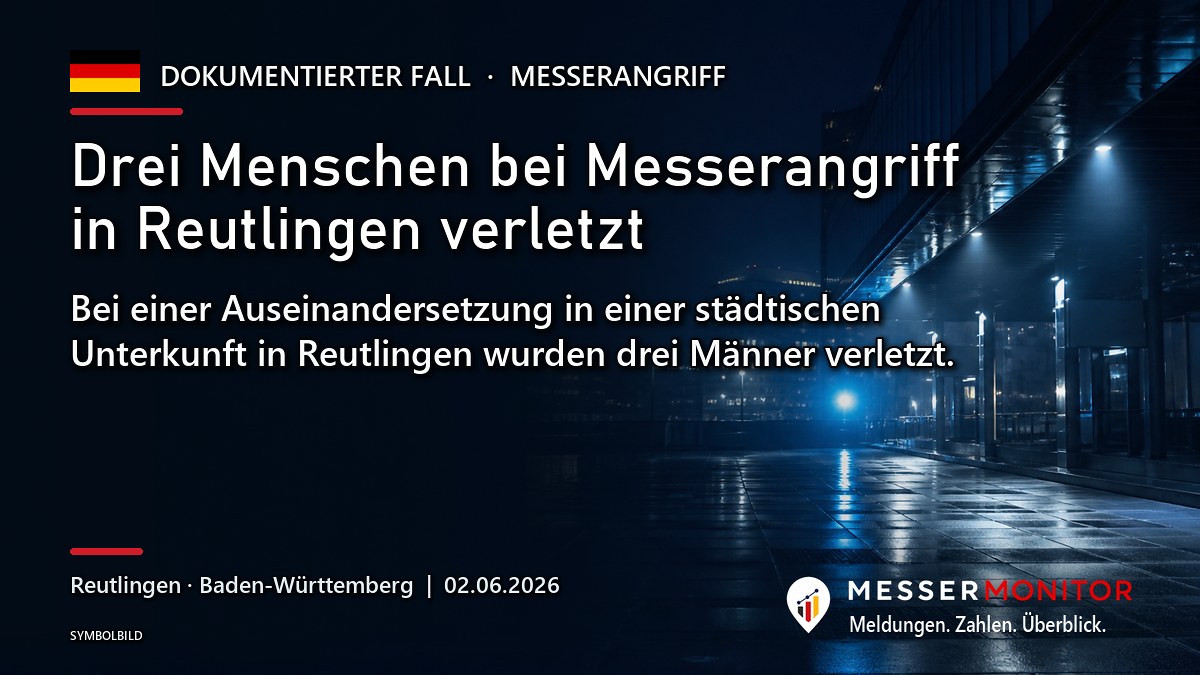 Titelgrafik: Drei Menschen bei Messerangriff in Reutlingen verletzt. Bei einer Auseinandersetzung in einer städtischen Unterkunft in Reutlingen wurden drei Männer verletzt..