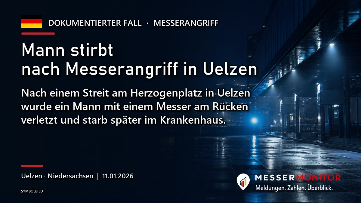 Titelgrafik: Mann stirbt nach Messerangriff in Uelzen. Nach einem Streit am Herzogenplatz in Uelzen wurde ein Mann mit einem Messer am Rücken verletzt und starb später im Krankenhaus..
