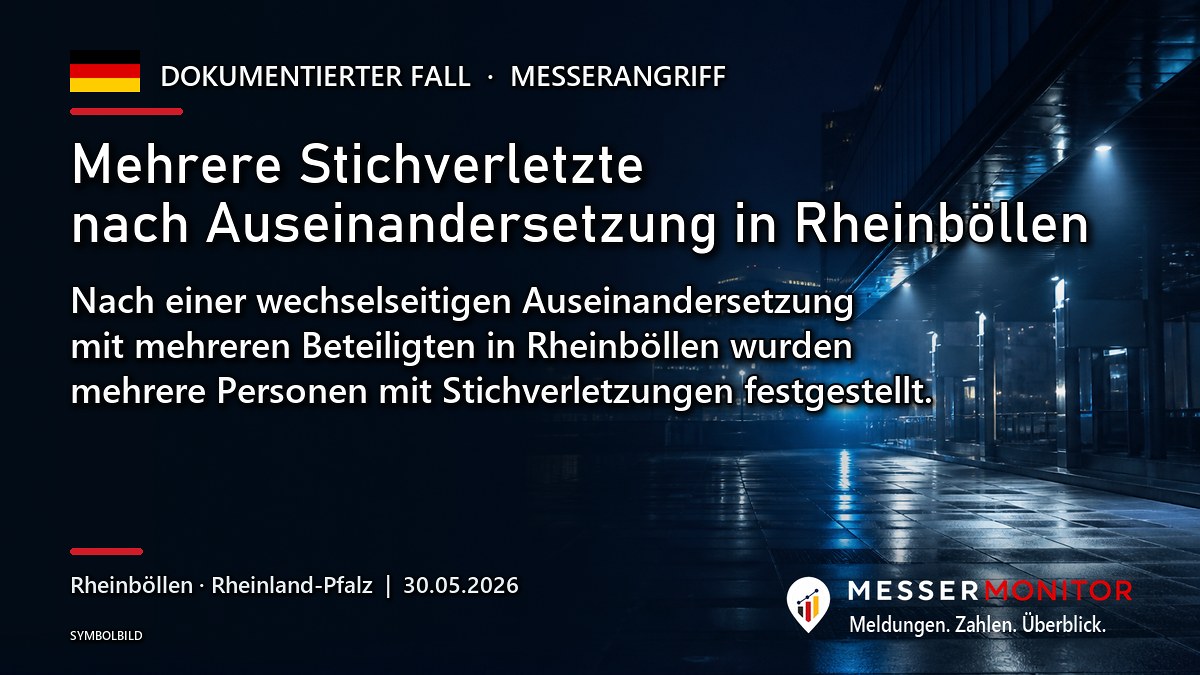 Titelgrafik: Mehrere Stichverletzte nach Auseinandersetzung in Rheinböllen. Nach einer wechselseitigen Auseinandersetzung mit mehreren Beteiligten in Rheinböllen wurden mehrere Personen mit Stichverletzungen festgestellt..