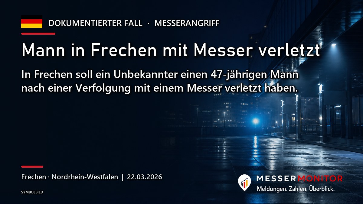 Titelgrafik: Mann in Frechen mit Messer verletzt. In Frechen soll ein Unbekannter einen 47-jährigen Mann nach einer Verfolgung mit einem Messer verletzt haben..