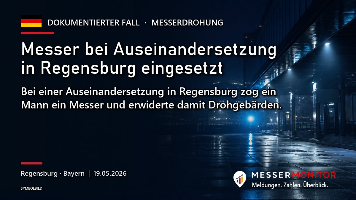 Titelgrafik: Messer bei Auseinandersetzung in Regensburg eingesetzt. Bei einer Auseinandersetzung in Regensburg zog ein Mann ein Messer und erwiderte damit Drohgebärden..