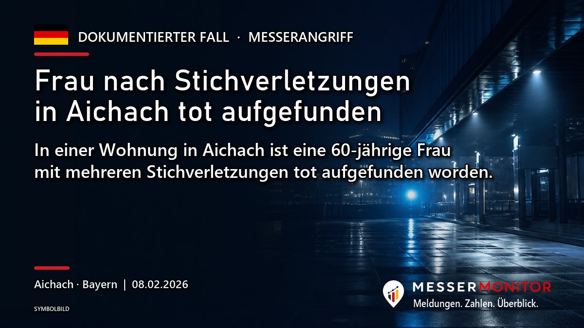 Titelgrafik: Frau nach Stichverletzungen in Aichach tot aufgefunden. In einer Wohnung in Aichach ist eine 60-jährige Frau mit mehreren Stichverletzungen tot aufgefunden worden..