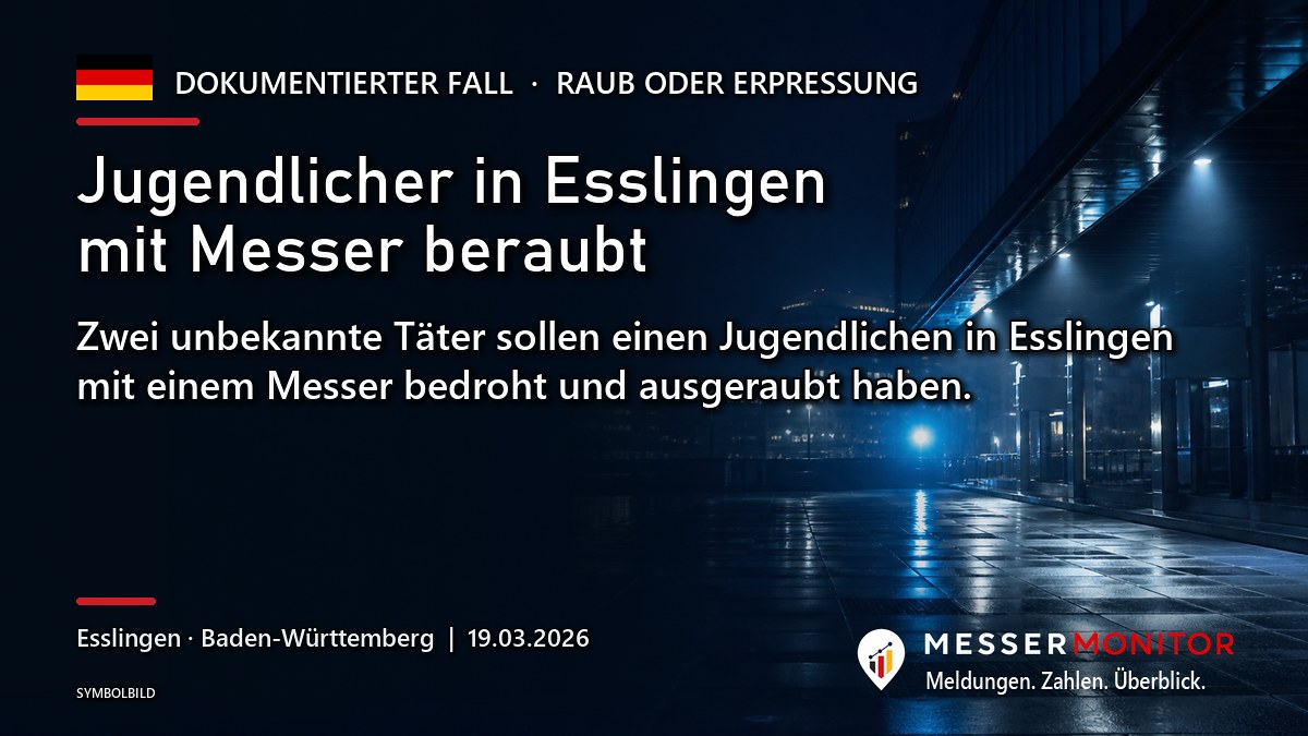 Titelgrafik: Jugendlicher in Esslingen mit Messer beraubt. Zwei unbekannte Täter sollen einen Jugendlichen in Esslingen mit einem Messer bedroht und ausgeraubt haben..
