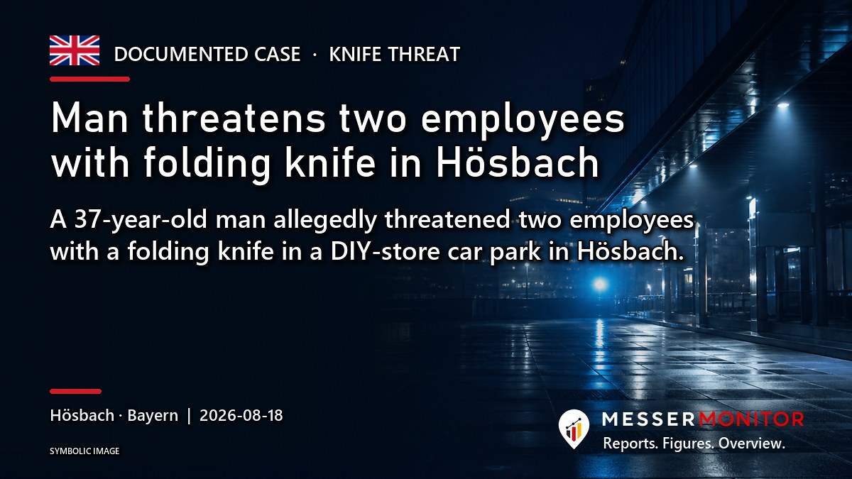 Title image: Man threatens two employees with folding knife in Hösbach. A 37-year-old man allegedly threatened two employees with a folding knife in a DIY-store car park in Hösbach..