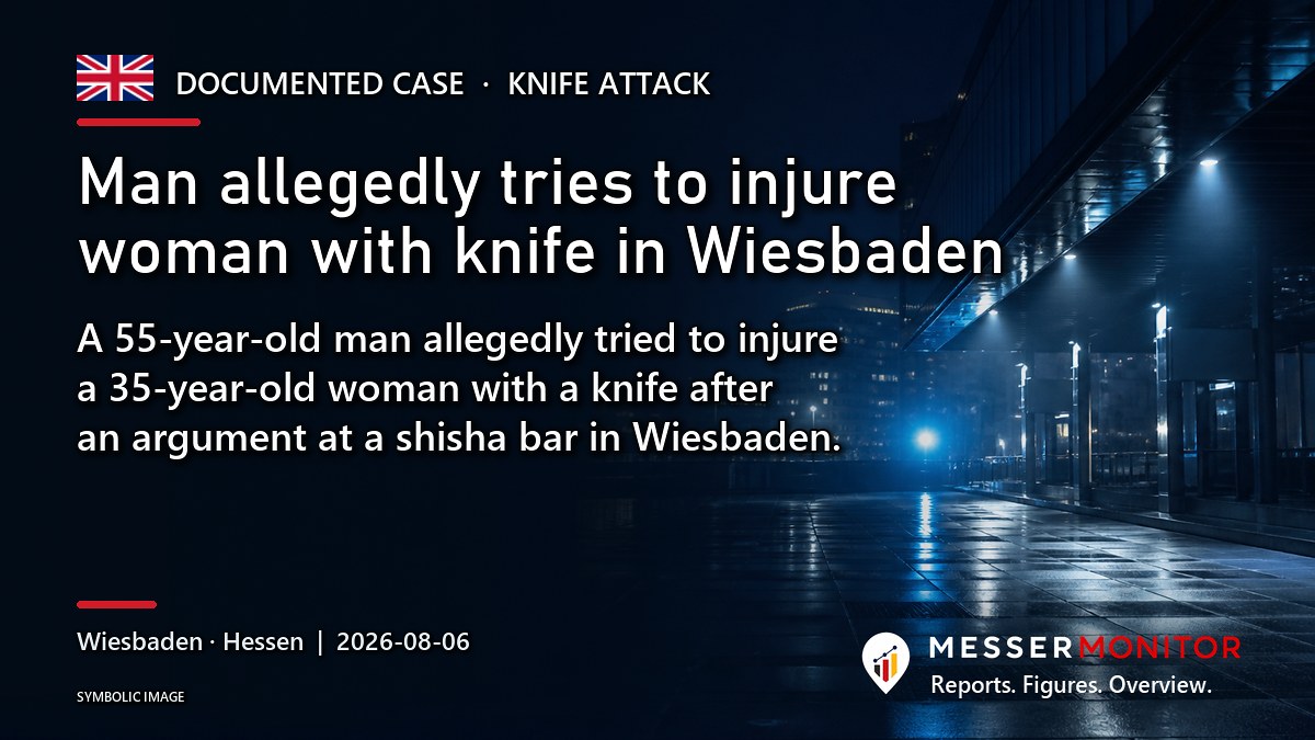 Title image: Man allegedly tries to injure woman with knife in Wiesbaden. A 55-year-old man allegedly tried to injure a 35-year-old woman with a knife after an argument at a shisha bar in Wiesbaden..