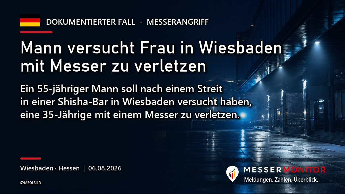 Titelgrafik: Mann versucht Frau in Wiesbaden mit Messer zu verletzen. Ein 55-jähriger Mann soll nach einem Streit in einer Shisha-Bar in Wiesbaden versucht haben, eine 35-Jährige mit einem Messer zu verletzen..