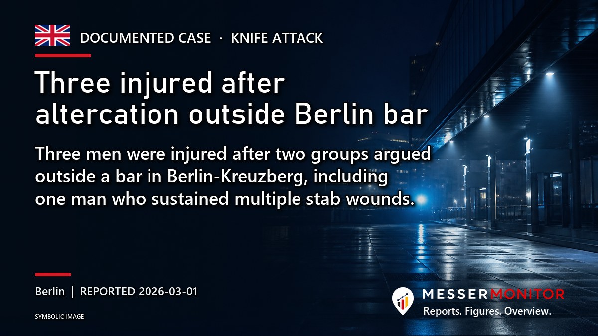 Title image: Three injured after altercation outside Berlin bar. Three men were injured after two groups argued outside a bar in Berlin-Kreuzberg, including one man who sustained multiple stab wounds..