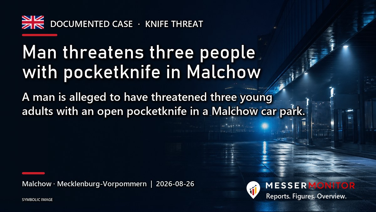 Title image: Man threatens three people with pocketknife in Malchow. A man is alleged to have threatened three young adults with an open pocketknife in a Malchow car park..