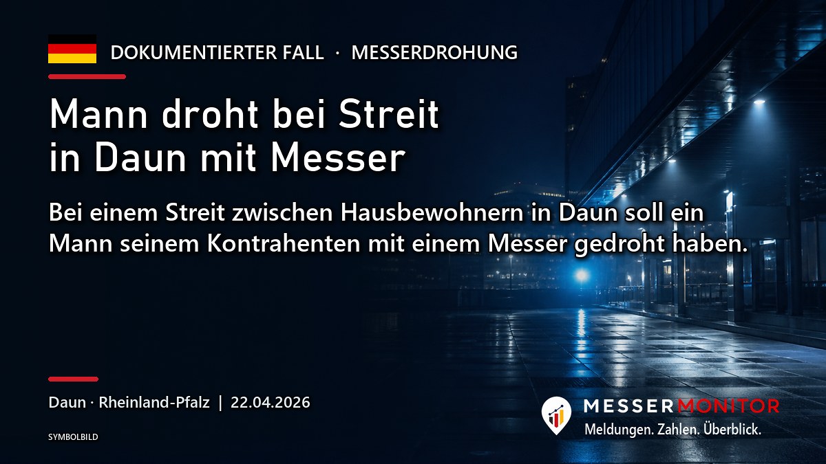 Titelgrafik: Mann droht bei Streit in Daun mit Messer. Bei einem Streit zwischen Hausbewohnern in Daun soll ein Mann seinem Kontrahenten mit einem Messer gedroht haben..