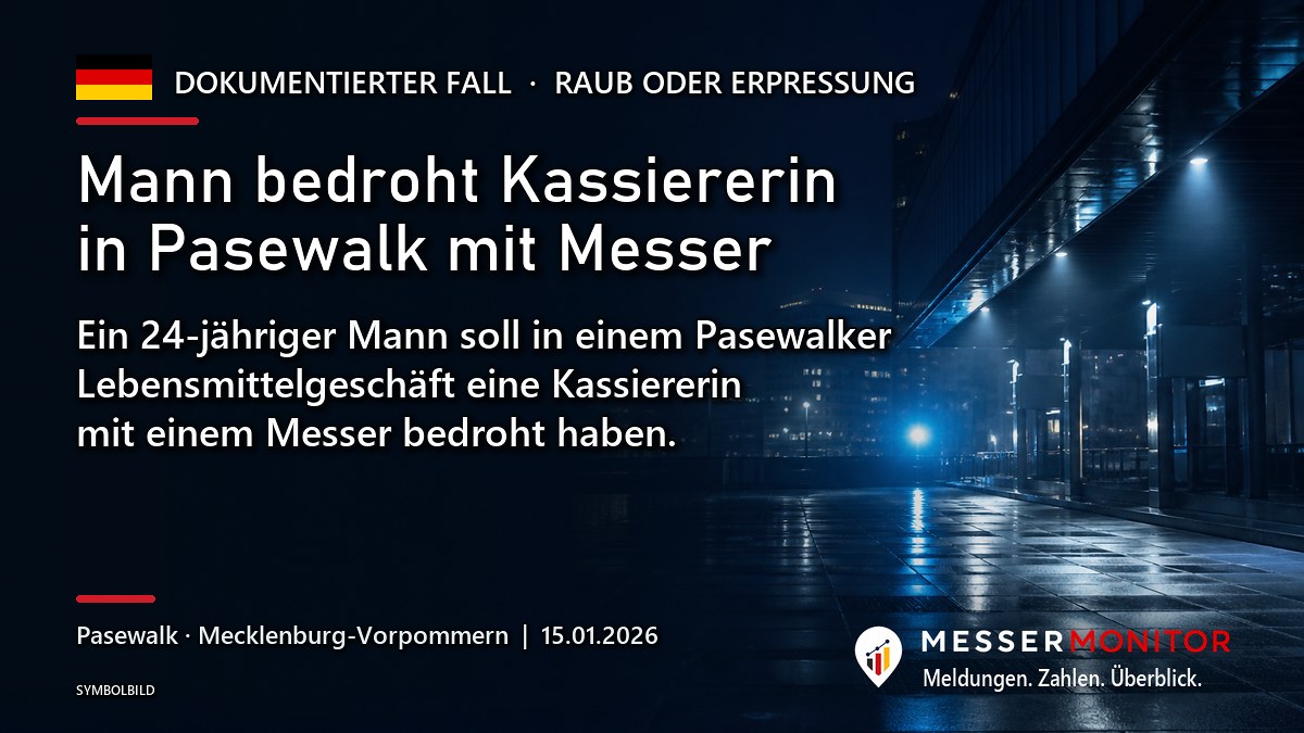 Titelgrafik: Mann bedroht Kassiererin in Pasewalk mit Messer. Ein 24-jähriger Mann soll in einem Pasewalker Lebensmittelgeschäft eine Kassiererin mit einem Messer bedroht haben..