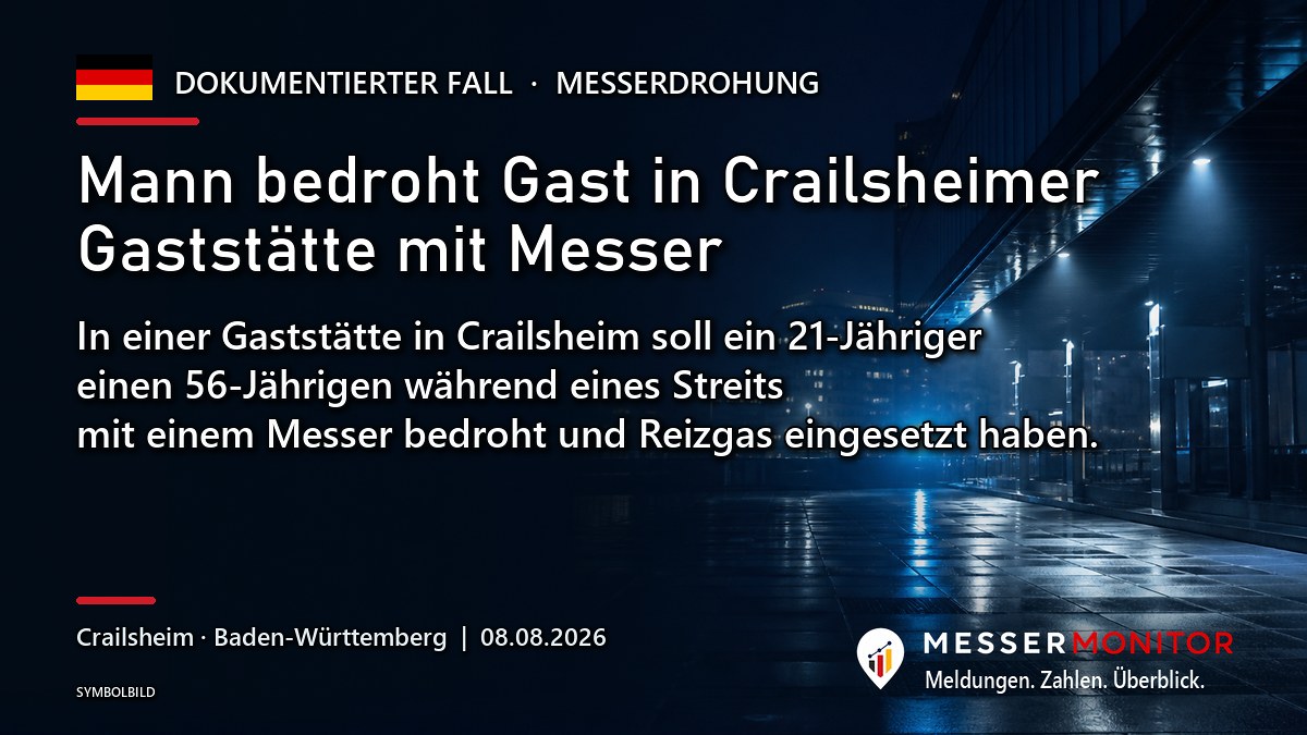 Titelgrafik: Mann bedroht Gast in Crailsheimer Gaststätte mit Messer. In einer Gaststätte in Crailsheim soll ein 21-Jähriger einen 56-Jährigen während eines Streits mit einem Messer bedroht und Reizgas eingesetzt haben..