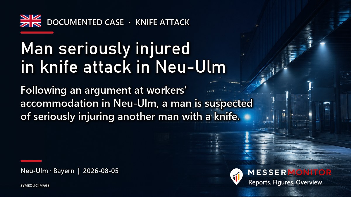 Title image: Man seriously injured in knife attack in Neu-Ulm. Following an argument at workers' accommodation in Neu-Ulm, a man is suspected of seriously injuring another man with a knife..