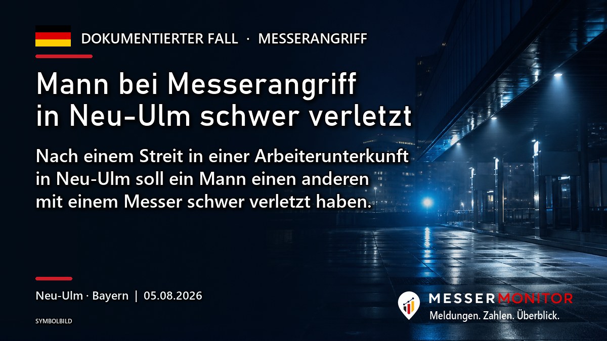 Titelgrafik: Mann bei Messerangriff in Neu-Ulm schwer verletzt. Nach einem Streit in einer Arbeiterunterkunft in Neu-Ulm soll ein Mann einen anderen mit einem Messer schwer verletzt haben..