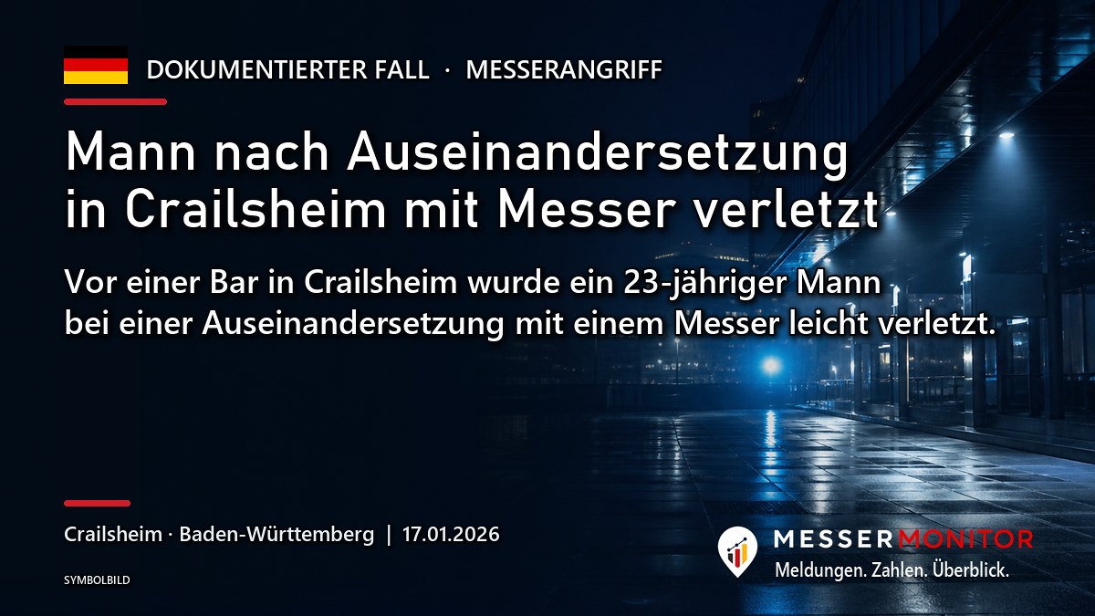 Titelgrafik: Mann nach Auseinandersetzung in Crailsheim mit Messer verletzt. Vor einer Bar in Crailsheim wurde ein 23-jähriger Mann bei einer Auseinandersetzung mit einem Messer leicht verletzt..
